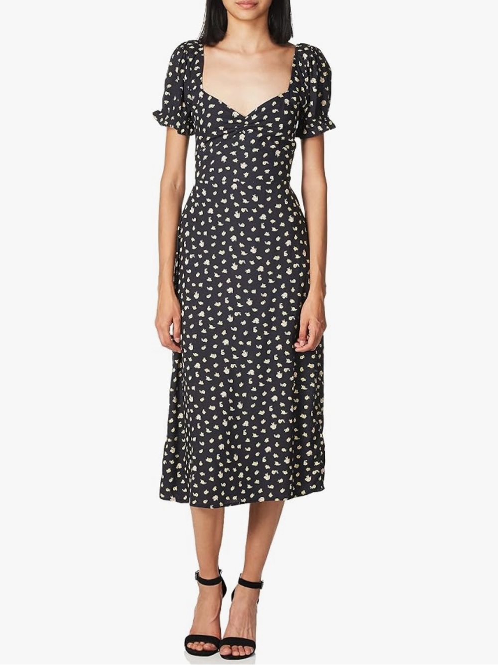 Billabong Casual Black Floral Midi Dress with Puff Sleeves Size S